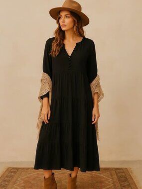 NWT LOFT Black Tiered Flowy Boho Midi Dress XS